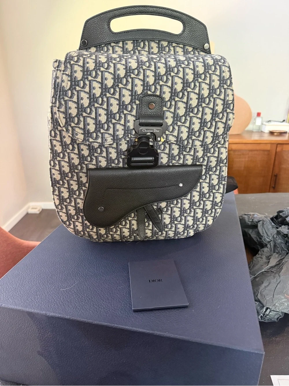 Dior Navy and White Oblique Monogram Backpack with Black Leather Trim